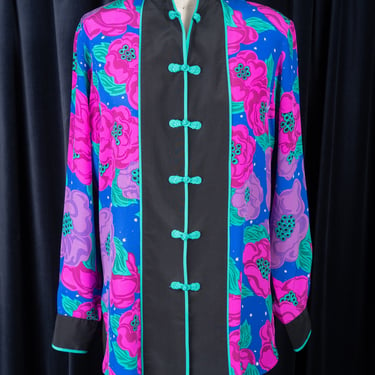 Vintage Bob Mackie Wearable Art Bold Floral Print Silk Tunic Blouse with Mandarin Collar 