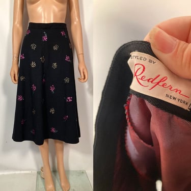 Vintage 40s Redfern Holiday Wool Midi Skirt With Sequin Fruit Print Size 27 Waist 