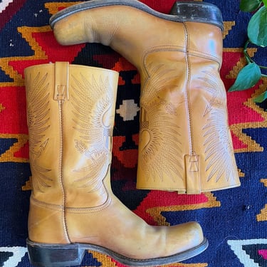 THUNDERBIRD DINGO Tooled Leather Boots | 1970's Vintage Boots | Cowboy Southwestern | Size 11.5 