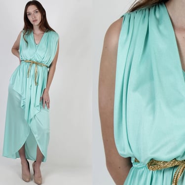 Vintage 70s Mint Green Grecian Disco Dress, Cocktail Party Cascading Tulip Skirt, Layered Draped Greek Maxi Dress 