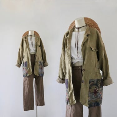 olive linen + tapestry jacket - m - vintage 90s womens green light lightweight long sleeve spring summer size medium minimal jacket 