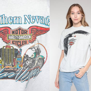 Harley Davidson Shirt 90s Las Vegas T-Shirt Southern Nevada Eagle Graphic Tee Biker Motorcycle TShirt Pocket Grey Vintage 1990s Small Medium 