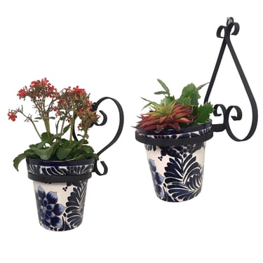 Pair of Vintage Wrought Iron Wall Mount Planter Holders | Scrolled Heart Shaped Garden Wall Plant Stands 