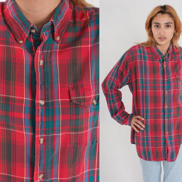 Red Plaid Shirt 90s Button up Shirt Retro Checkered Grunge Woolrich Long Sleeve Boyfriend Top Vintage 1990s Blue Green Extra Large xl 