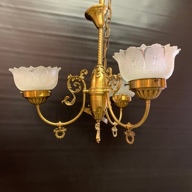 Contemporary 3 arm brass plated pendant light with decorative glass shades