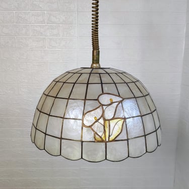 Vintage Adjustable Ceiling Light/ Large Vintage Capiz Shell Light/ Retro Hanging Light/ Tiffany Style Pendant Light/ Mid Century Modern/ 70s 