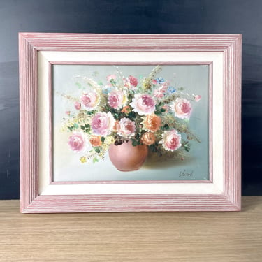 Still life painting of roses in a rosy pink frame - 1980s vintage 