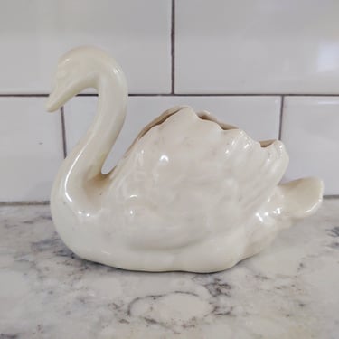 Vintage Small Ceramic White Swan Indoor Planter 