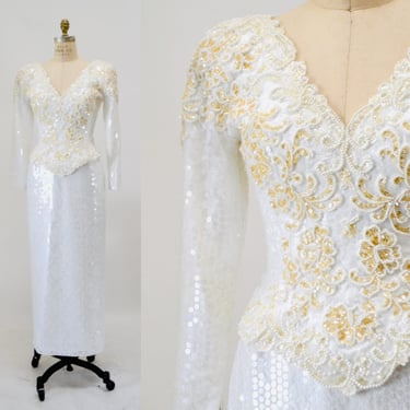 80s 90s Vintage White Lace Sequin Wedding Dress Vintage Conservative Wedding Dress SMALL Medium // Long Sleeve Vintage White Sequin Dress 