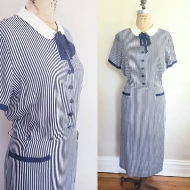 1950s 1960s Navy Blue Striped Day Dress Short Sleeves / 60s 50s Dress with Pockets Plus Size Vintage / Isaya 