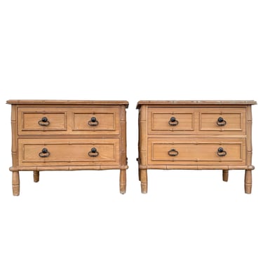 Faux Bamboo Wood Nightstands Project Pair - 1970s Vintage Chinoiserie Hollywood Regency Coastal Commode End Tables Youngsville Star Set of 2 