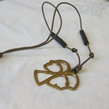 1970s Brass Faces Pendant on Leather Cord Necklace 