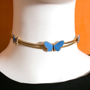 So Sweet Vintage 70s 80s Blue Gold Butterfly Adjustable Choker Necklace 