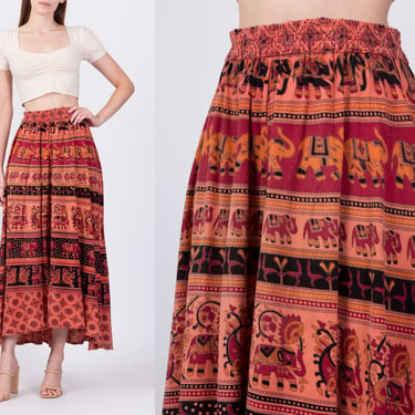 70s Boho Indian Block Print High-Low Skirt Small to Medium | Vintage Hippie Elephant Batik Cotton A Line Maxi 