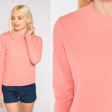 Pink Cashmere Sweater 60s Knit Pullover Sweater Retro Plain Basic Simple Minimalist Knitwear Crewneck Jumper Spring Vintage 1960s Small S 