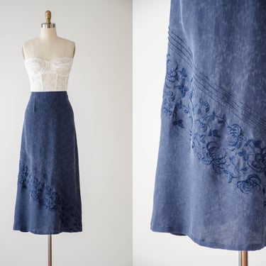 cute cottagecore skirt | 90s vintage Susan Bristol navy blue jacquard embroidered long floral maxi skirt 