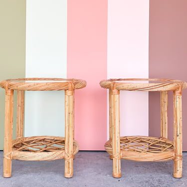 Pair of Pencil Reed Rattan Side Tables