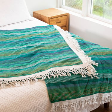 Green and Blue Stripe Indian Cotton Full Blankets with Fringe (Sold Separately) 