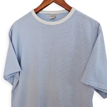 vintage t shirt / striped t shirt / 1990s light blue striped cotton crew neck boxy fit t shirt Large 