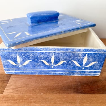 Blue Lidded Mid Century Trinket Box. Glazed Pottery Decorative Box. 1950s Blue Lidded Jewelry Box. 