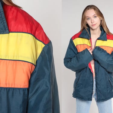 Blue Striped Jacket 80s Pacific Trail Ski Jacket Retro Zip Up Lined Puffer Red Quilted Lining Puffy Coat Winter Vintage 1980s Extra Large xl 