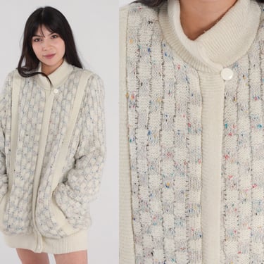 Basket Weave Cardigan 80s Button Up Knit Sweater Off White Flecked Chunky Checkered Slouchy Retro Acrylic Wool Blend Vintage 1980s Large L 
