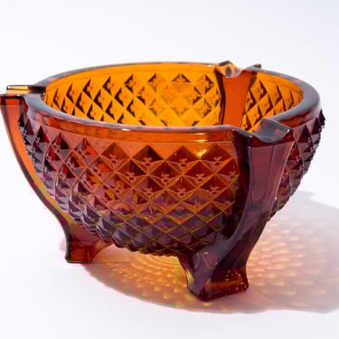 Midcentury Glass Ashtray, Diamond Pattern, Round, Rootbeer, L.E. Smith, CHIPPED 