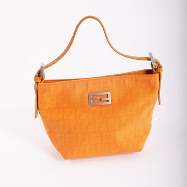 Vintage FENDI Zucchino Orange Mini Pochette with Silver Hardware Purse Canvas + Leather FF Clutch Baguette Zucca Bag 