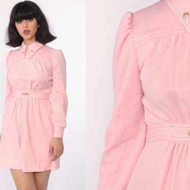 Pink Babydoll Dress Mod Mini Dress 60s Collared Long Puff Sleeve Empire Waist Embroidery Pastel Baby Twiggy 1960s Vintage Extra Small xs 