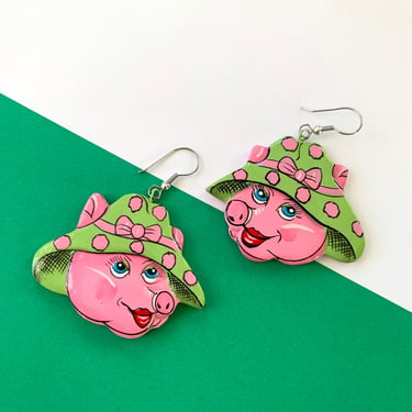 Hand Painted Pig Earrings Vintage