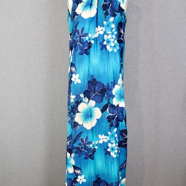 1970s POMARE Hawaiian Maxi - Blue Floral Kaftan- Halter Dress - Tropical, Tiki, Hibiscus Print - Palm Beach 