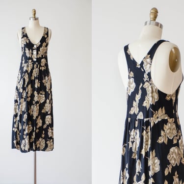 black pinafore | 80s 90s vintage black beige floral dark academia cottagecore button down overall dress 