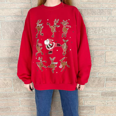 Vintage Santa's Reindeer Ice Skating Pullover Sweatshirt 