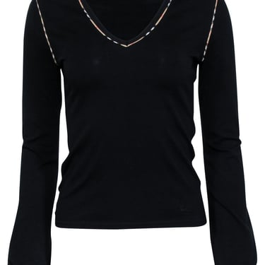 Burberry- Black Long Sleeve Shirt w/ Plaid Contrast Stitching Sz S