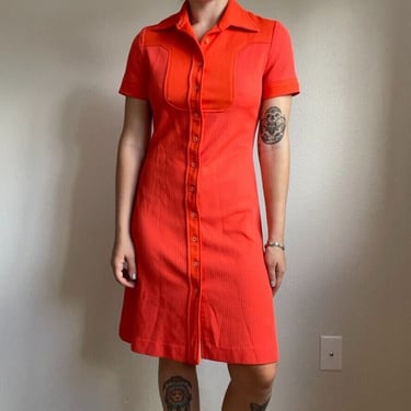 Vintage Verona Knits Womens 1960s Mod GoGo Neon Orange Mini Shift Hippie Dress 