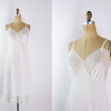 50s Artemis Semi Sheer White Slip / Wedding Slip Dress / White Lace Slip Dress / Vintage Lingerie/ Size M/L 