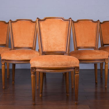 Antique French Louis XVI Style Painted Dining Chairs W/ Copper Velvet - Set of 6 