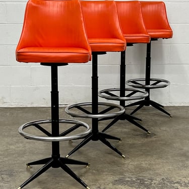 Mid-Century Modern Adjustable Bar Stool / Counter Stool With Orange Seats ~ Set Of 4 