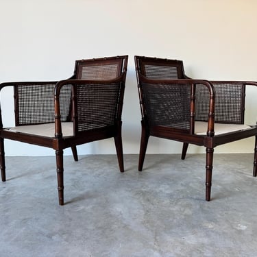 1980's Hickory Regency Style Faux - Bamboo Carved Wood and Cane Lounge Arm Chairs - Pair 