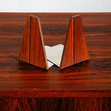 Mid Century Danish Modern Bookends Solid Rosewood Wood Metal Triangular Vintage