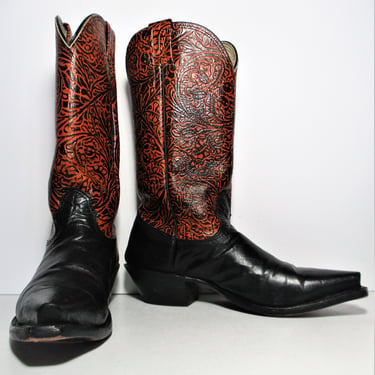 Embossed Leather Boots, Vintage JM Cowgirl Boots, 7.5B Women, black orange, Made in Texas 