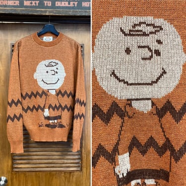 Vintage 1970’s Size L Charlie Brown “Peanuts” Pop Art Cartoon Knit Sweater, 70’s Vintage Clothing 