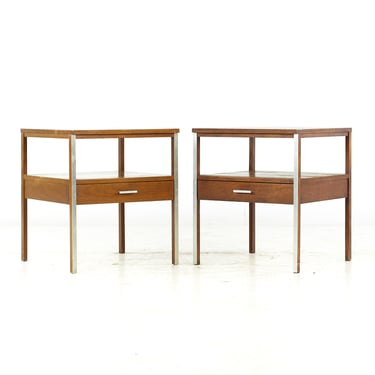 Paul McCobb for Calvin Linear Mid Century Walnut and Stainless Steel Side Table - Pair - mcm 