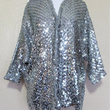 Vintage 70s Toppettes Silver Sequin Knit Jacket Women, Medium Women, Party Jacket 