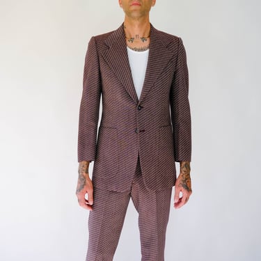 Vintage 60s PIERRE CARDIN Burgundy Check Flare Leg Suit | Made in USA | 100% Wool | Mod, Bowie, Motown | 1960s French Designer Mens Suit 