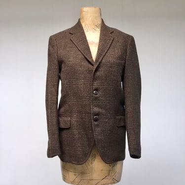 Vintage 1960s Brown Wool Glen Plaid Sport Coat, 60s Traditional Teen Junior Young Man Blazer, 36 Inch Chest 