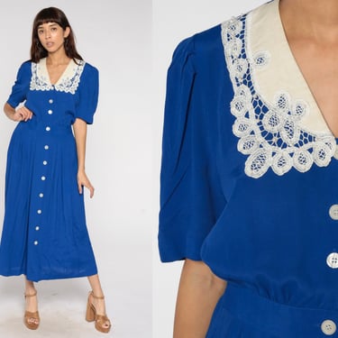 Lace Collar Dress Royal Blue 80s Midi Dress Pleated Secretary 90s Button Up Vintage Slouchy Puff Sleeve Blouson Shirtwaist Small 