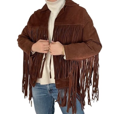 Vintage 1970s Womens Brown Suede Leather Fringe Western Bohemian Jacket Sz M 