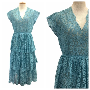 Vintage VTG 1950s 50s Blue Lace Sheer Tiered Maxi Dress 