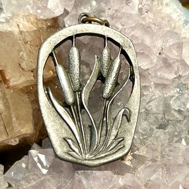 Vintage Pewter Pendant Cattails Pussy Willow Plants Nature Retro Estate Jewelry 